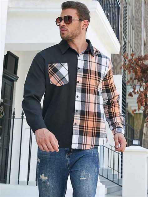 Manfinity Homme Men Plus Size Plaid Print Pocket Patched Shirt Long