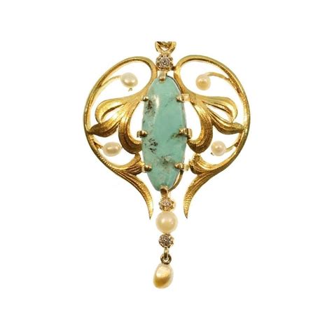 Gold Art Nouveau Pendant With Diamonds Natural Seed Pearls And