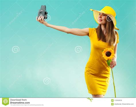 Summer Woman Holds Sunflower Old Camera Stock Photo Image Of