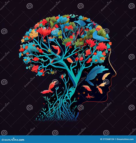 Human Brain Tree With Flowers And Butterflies Concept Of Self Care