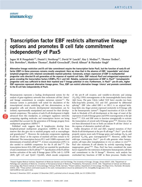 PDF Transcription Factor EBF Restricts Alternative Lineage Options