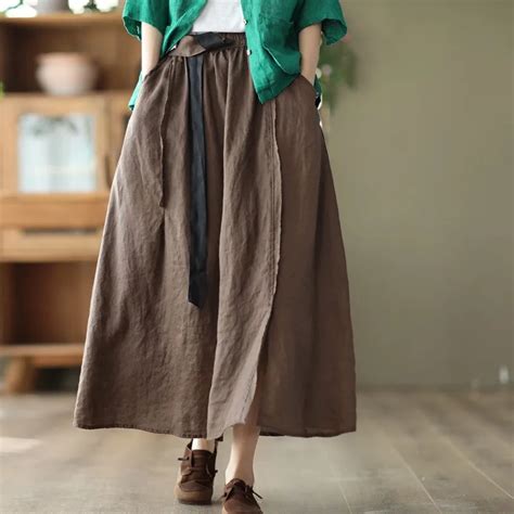 Johnature Women Linen Bandage A Line Skirts Elastic Waist Solid Color