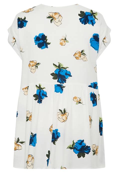 Yours Plus Size White Blue Floral Print Peplum Blouse Yours Clothing