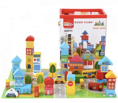 62 Pcs Wooden City Construction Building Blocks Toy Set