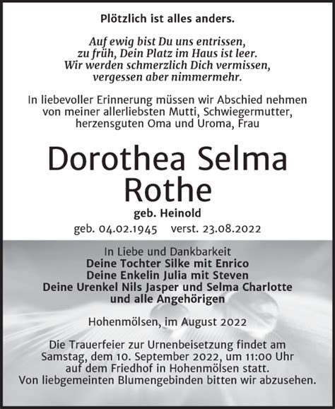 Traueranzeigen Von Dorothea Selma Rothe Abschied Nehmen De