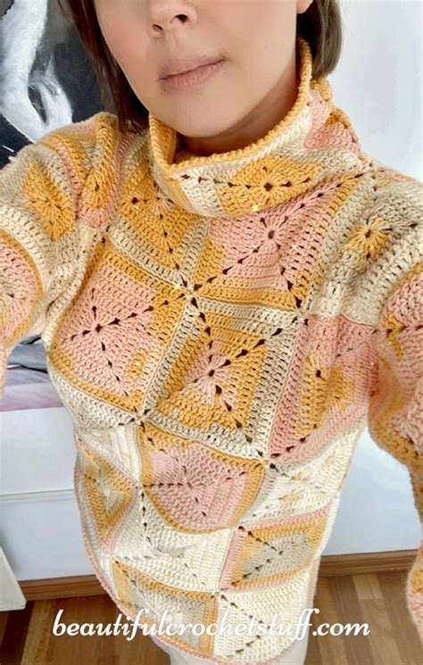 CROCHET TURTLENECK GRANNY SQUARE SWEATER FREE PATTERN Beautiful