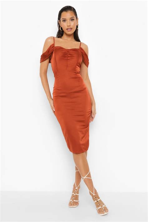 Womens Satin Ruched Detail Midi Dress Boohoo Uk