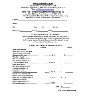 Fillable Online Banquet Reservations Mail This Form With Summary Order