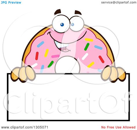 Clipart Of A Cartoon Happy Round Pink Sprinkled Donut Character Over A Blank Sign Royalty Free