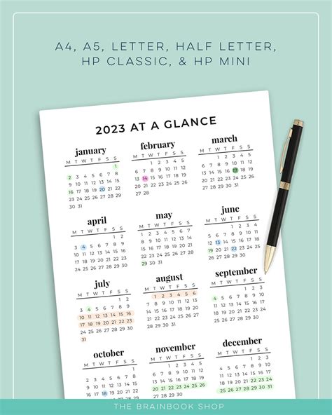 2023 Year At A Glance 2023 Printable Calendar A4 A5 Etsy Uk