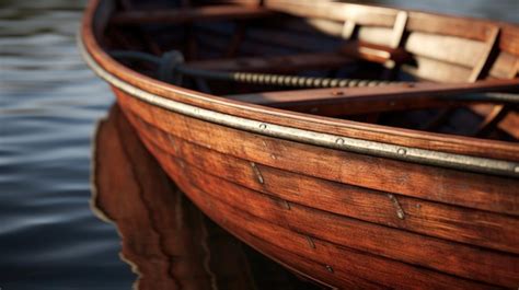 A Wooden Row Boat Floating On Calm Water Ideal For Travel Brochures