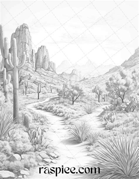 40 Desert Landscapes Grayscale Coloring Pages Printable for Adults, PD
