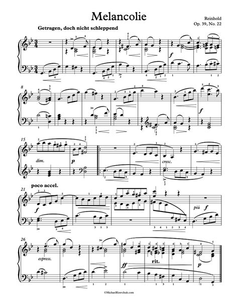 Free Piano Sheet Music Melancolie Op 39 No 22 Reinhold