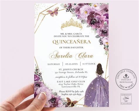 Mauve Plum Purple Floral Quinceañera Invitation Printable Etsy