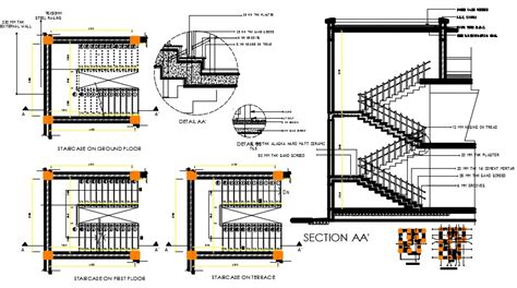 Staircase Plan And Sectional Elevation Dwg File Cadbull