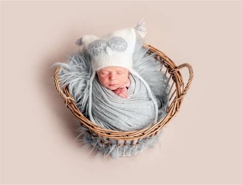 Baby Sleeping In Basket Stock Image Image Of Coverlet