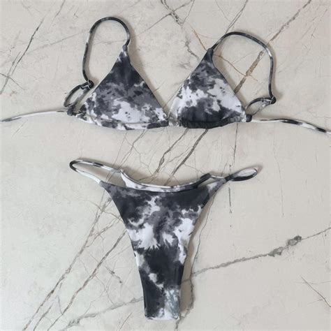 White And Black Tie Dye Cheeky Bikini Never Worn Depop