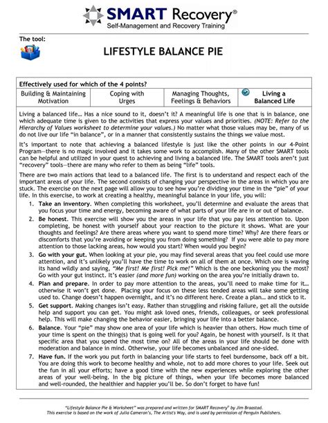 Lifestyle Balance Pie Worksheet Smart Recovery