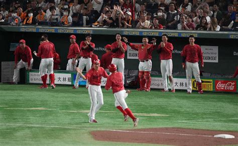 ＜巨・広11＞9回、菊池の勝ち越しソロにベンチを飛び出して喜ぶ広島ナイン（撮影・沢田 明徳） ― スポニチ Sponichi Annex 野球