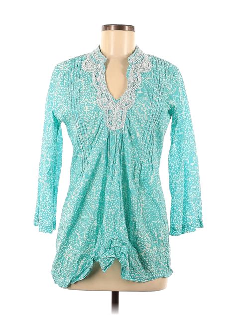 Lilly Pulitzer 100 Cotton Teal Long Sleeve Blouse Size M 66 Off