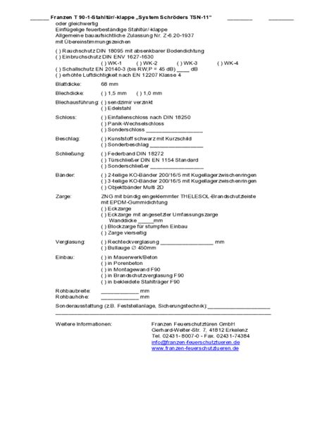 Ausfüllbar Online Franzen T 90 1 Stahltr klappe System Schrders TSN 11