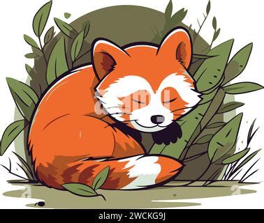 Red Panda Sleeping On The Grass Cute Cartoon Vector Illustration Stock