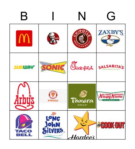 Fast Food Bingo Card