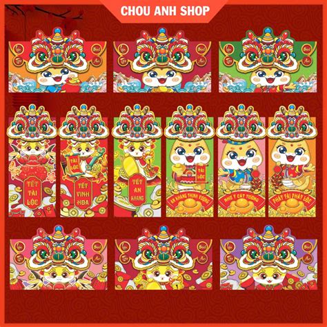Set Bao Lì Xì May Mắn Hình Đầu Lân Rắn Tết Ất Tỵ Hot Trend Nắp Ngang Dọc Đứng Chou Anh