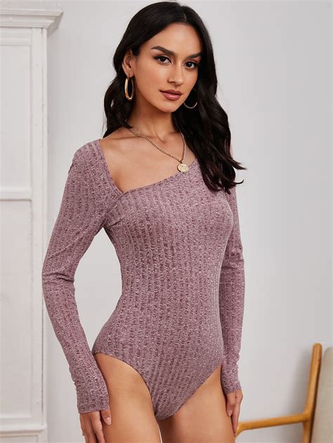 Shein Asymmetrical Neck Rib Knit Form Fitted Bodysuit