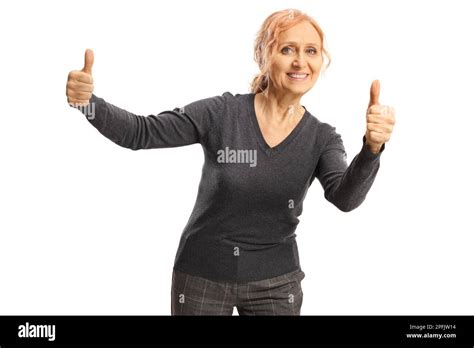 Happy Mature Woman Smiling And Gesturing Thumbs Up Isolated On White