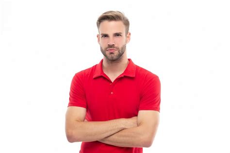 Premium Photo Confident Stubble Man Wearing Red Shirt Studio Shot Of