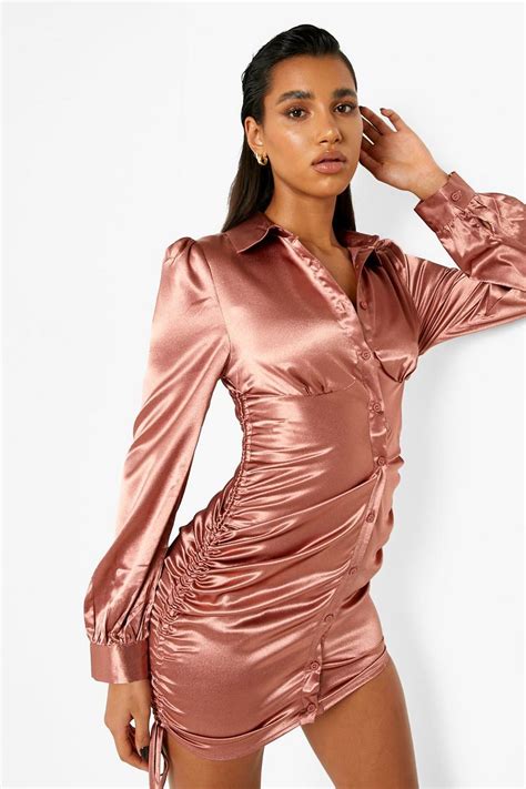 Satin Hemd Kleid Mit Seitlicher Raffung Boohoo De