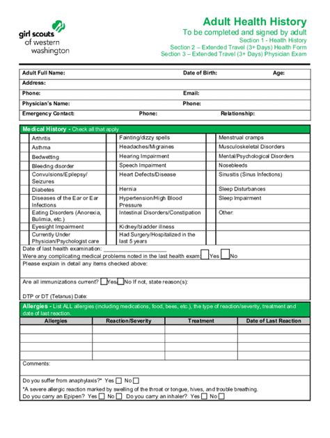 Fillable Online Gsww Adult Health History Form Girl Scouts Of The Usa