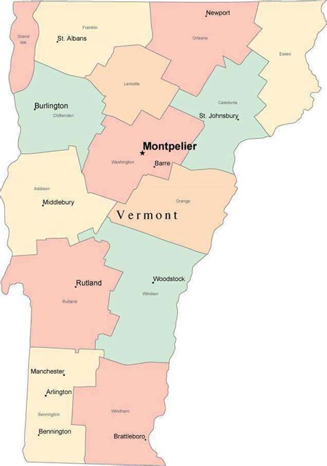 Multi Color Vermont Map With Counties Capitals And Major Cities