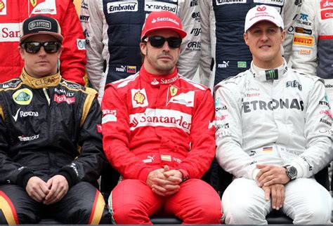 2012年f1ブラジルgp ロータスのキミ・ライコネン、フェラーリのフェルナンド・アロンソ、メルセデスのミハエル・シューマッハー