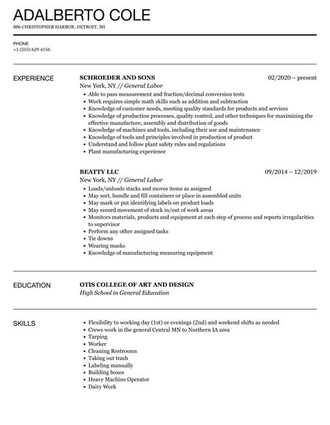 General Labor Resume Examples