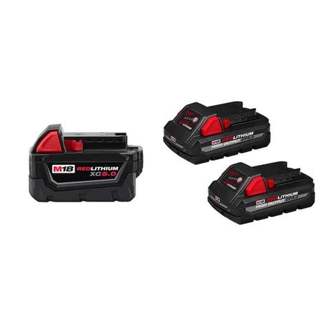 Milwaukee M18 18-Volt Lithium-Ion XC Extended Capacity 5.0 Ah Battery and HIGH OUTPUT CP 3.0Ah ...