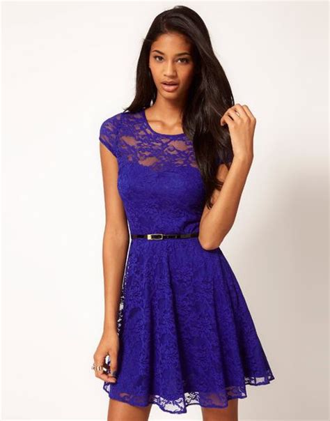 Asos Collection Lace Skater Dress With Belt In Blue Electricblue Lyst