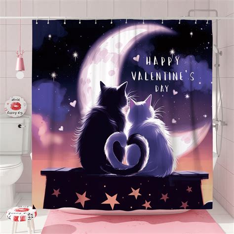 1Pc Cat Heart Moon Black White And Blue Valentine S Day Shower Curtain