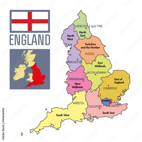 Political Map Of England With Regions And Their Capitals Stock Vector