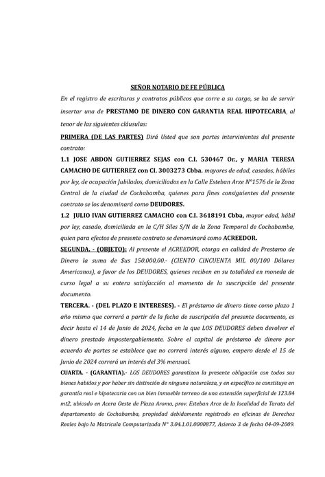 Minuta Prestamo De Dinero Con Garantia Hipotecaria Se Or Notario De