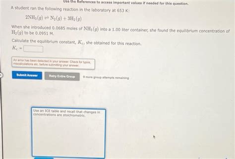 Solved 2nh3g⇌n2g3h2g When She Introduced 00685 Moles