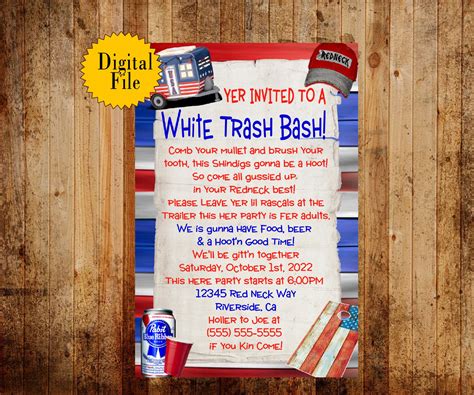 White Trash Redneck Party Invite Red White Blue American Theme