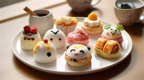 Small Japanese Desserts Are Shown In A White Plate Background Cute