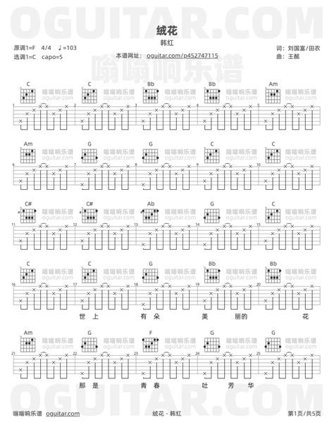 《绒花》吉他谱简单c调弹唱教学原版韩红歌曲5张六线指弹简谱图 吉他谱 中国曲谱网