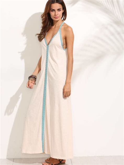 Apricot V Neck Halter Contrast Trim Maxi Dress Shein Sheinside