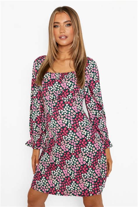 Ditsy Floral Square Neck Skater Dress Boohoo