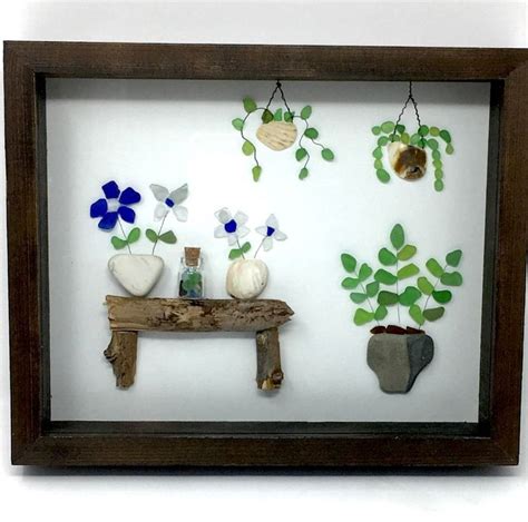 Sea Glass Art Flowers In Pots Framed Sea Glass Art Sea Etsy Sea Glass Art Diy Sea Glass