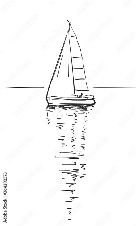 Drawing of sailing boat with reflection on calm water, Vector sketch ...