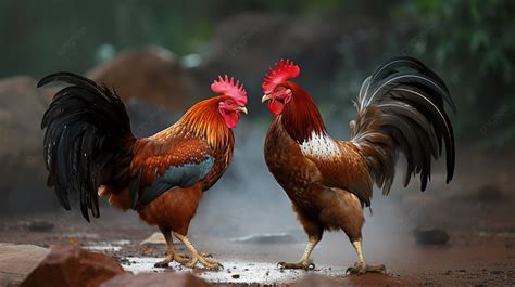 Two Roosters Are Standing Beside Each Other On The Ground Background